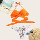Romwe Wrap Halter Top With Random Floral Bikini