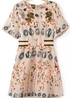Romwe Short Sleeve Back Zipper Florals Apricot Dress
