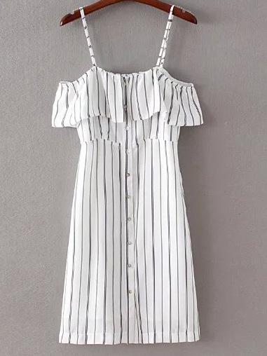 Romwe Black White Stripe Buttons Front Spaghetti Strap Dress