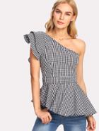 Romwe Layered One Shoulder Asymmetric Gingham Peplum Top