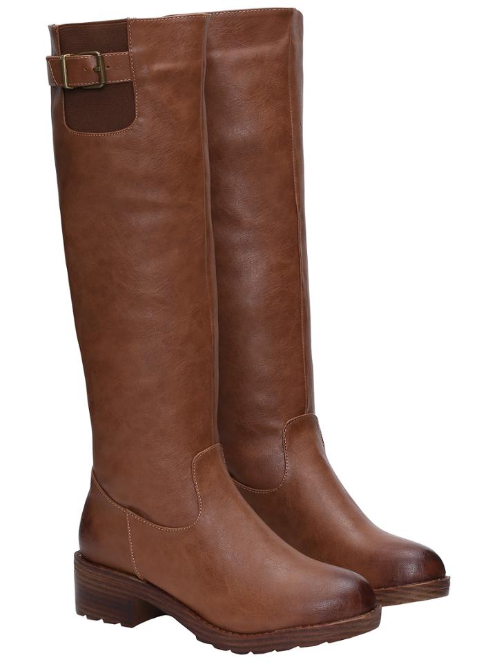 Romwe Light Brown Round Toe Buckle Tall Pu Boots