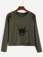 Romwe Army Green Gesture Print Distressed T-shirt