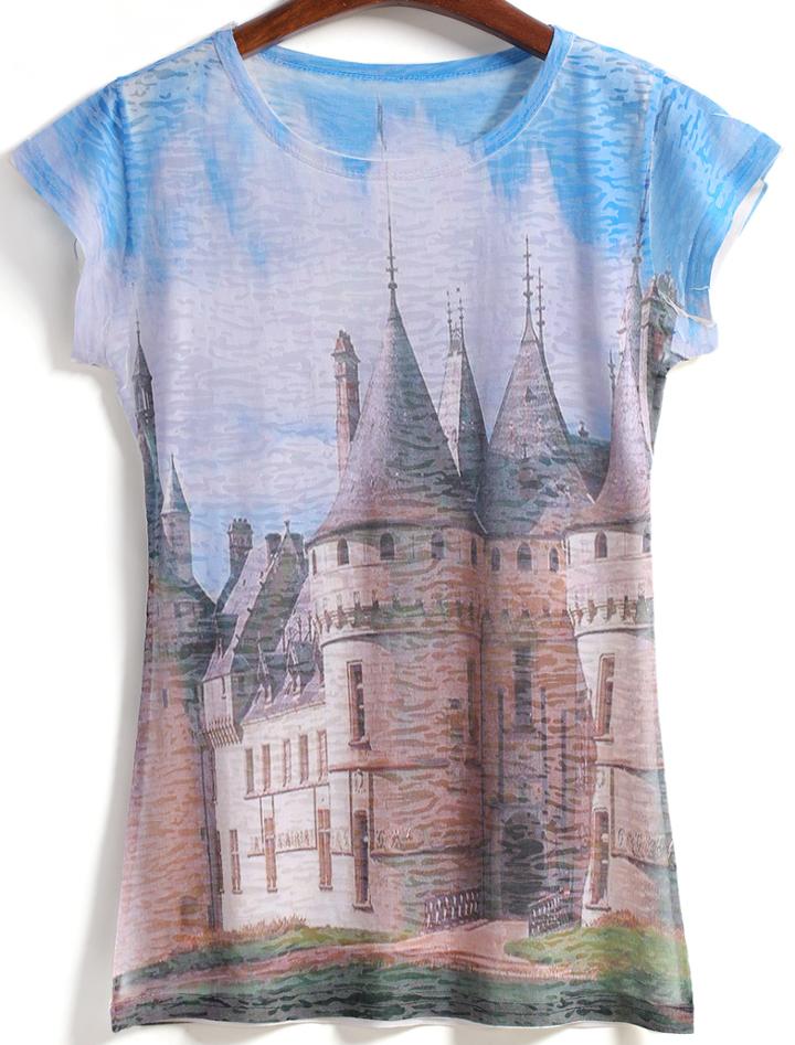 Romwe Building Print Round Neck T-shirt