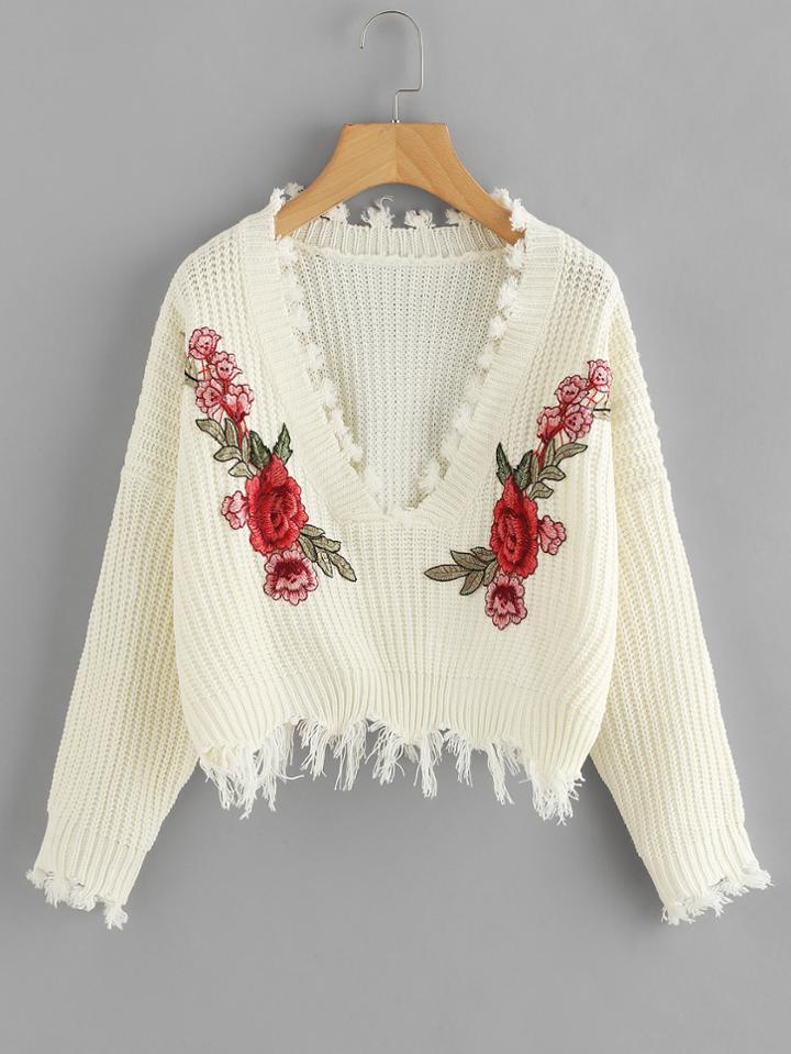 Romwe Embroidered Applique Fringe Trim Sweater