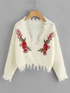 Romwe Embroidered Applique Fringe Trim Sweater