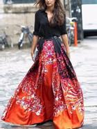 Romwe Women Black V Neck Print Maxi Shirt Dress