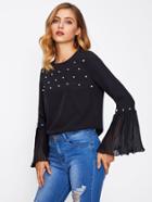 Romwe Pearl Embellished Flare Sleeve Blouse