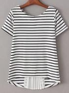 Romwe Black White Pleated Zipper Back Striped Blouse