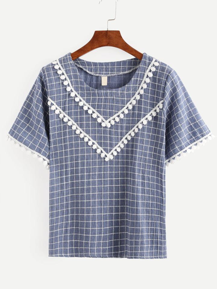 Romwe Contrast Crochet Trim Plaid Shirt