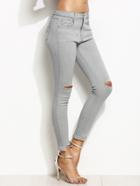 Romwe Grey Ripped Asymmetric Raw Hem Skinny Jeans