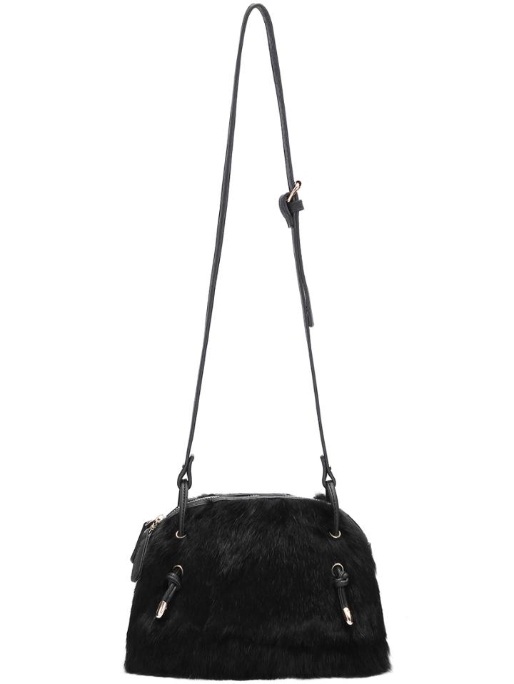 Romwe Black Rabbit Fur Satchel Bag