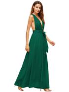 Romwe Dark Green Deep V Neck Self Tie Waist Maxi Dress