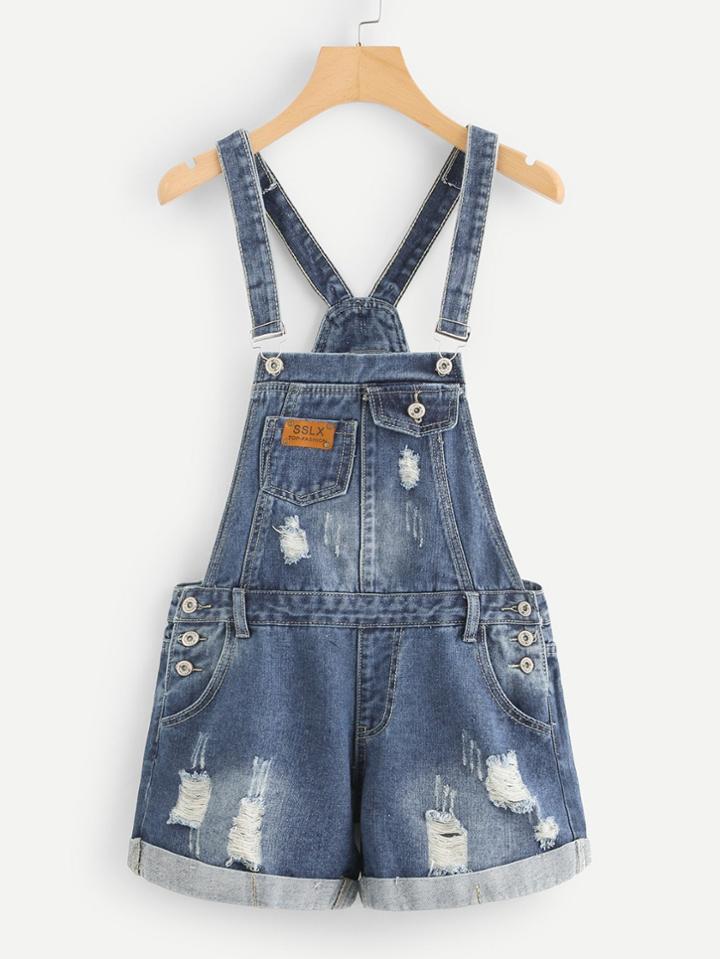 Romwe Ripped Cuffed Denim Overalls