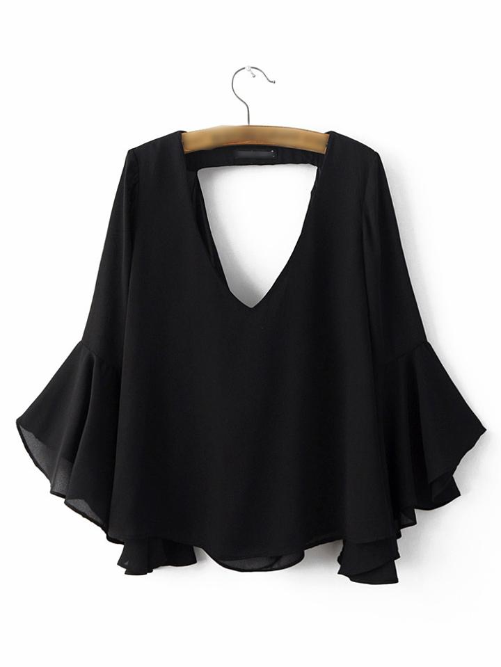 Romwe Black Low Neck Bell Sleeve Hollow Blouse