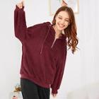 Romwe Zip Detail Hooded Plush Top