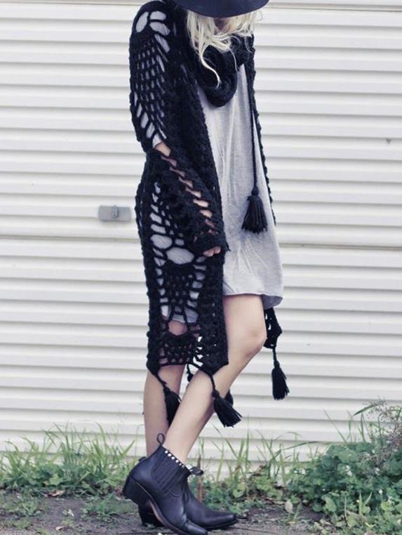 Romwe Crochet Hollow Fringe Long Black Cardigan