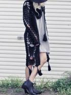Romwe Crochet Hollow Fringe Long Black Cardigan