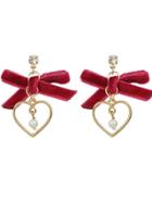 Romwe Red Color Velvet Bowtie Pearl Heart Shape Drop Earrings