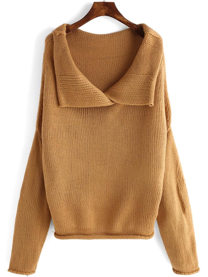 Romwe Lapel Long Sleeve Loose Khaki Sweater