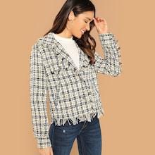 Romwe Frayed Trim Tweed Blazer