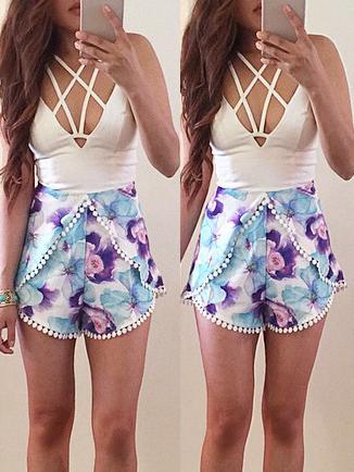 Romwe Criss Cross Flower Print Pom Pom Romper