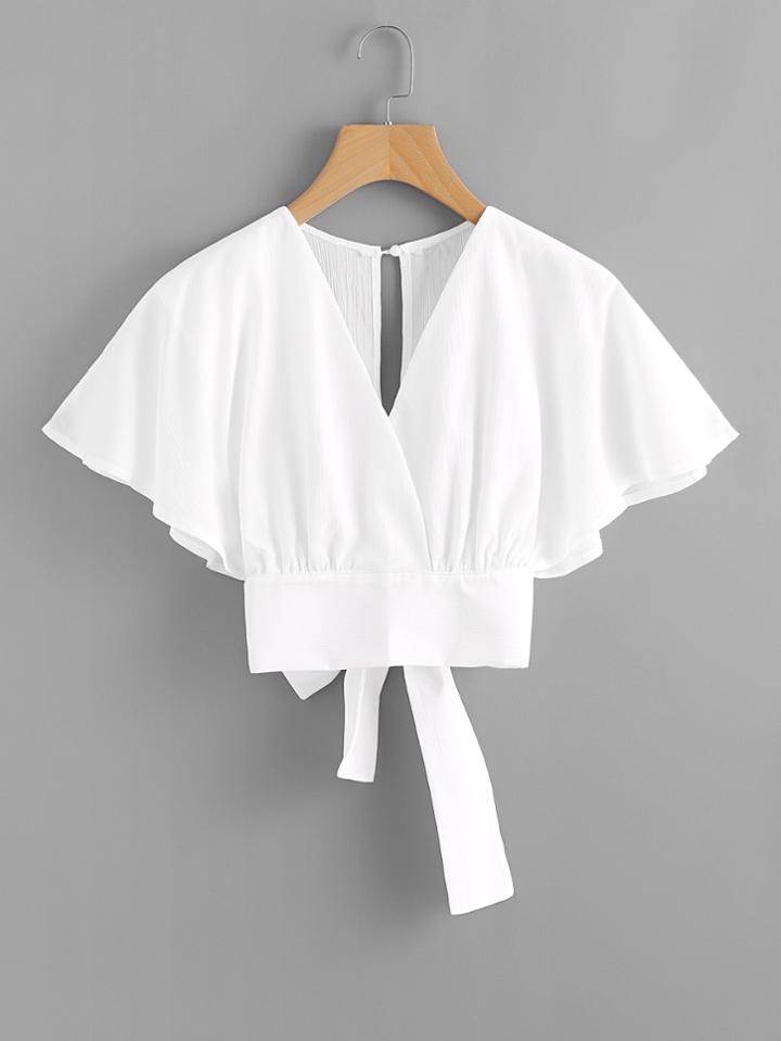 Romwe Deep V-cut Split Back Bow Tie Blouse
