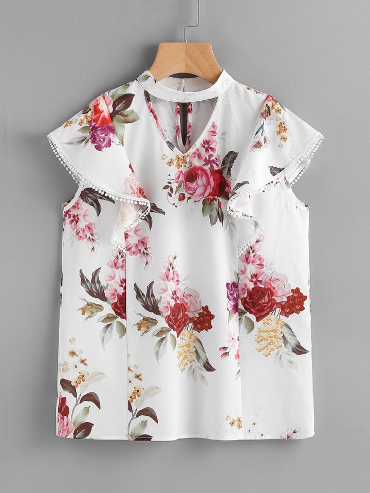 Romwe Choker Neck Flutter Sleeve Floral Top