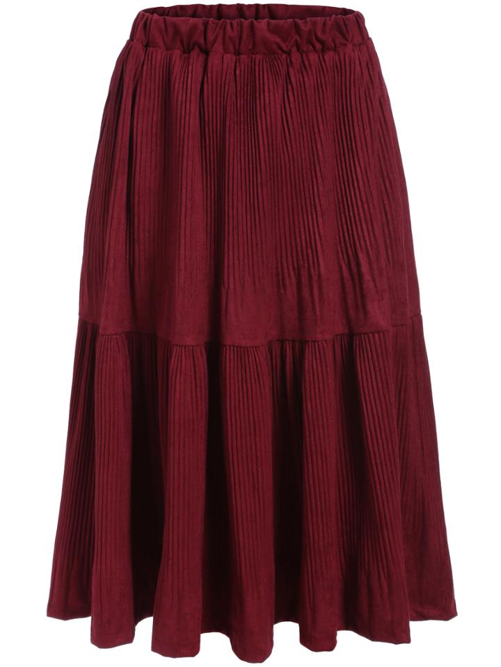 Romwe Elastic Waist Pleated Maroon Skirt