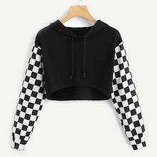 Romwe Contrast Gingham Sleeve Hoodie