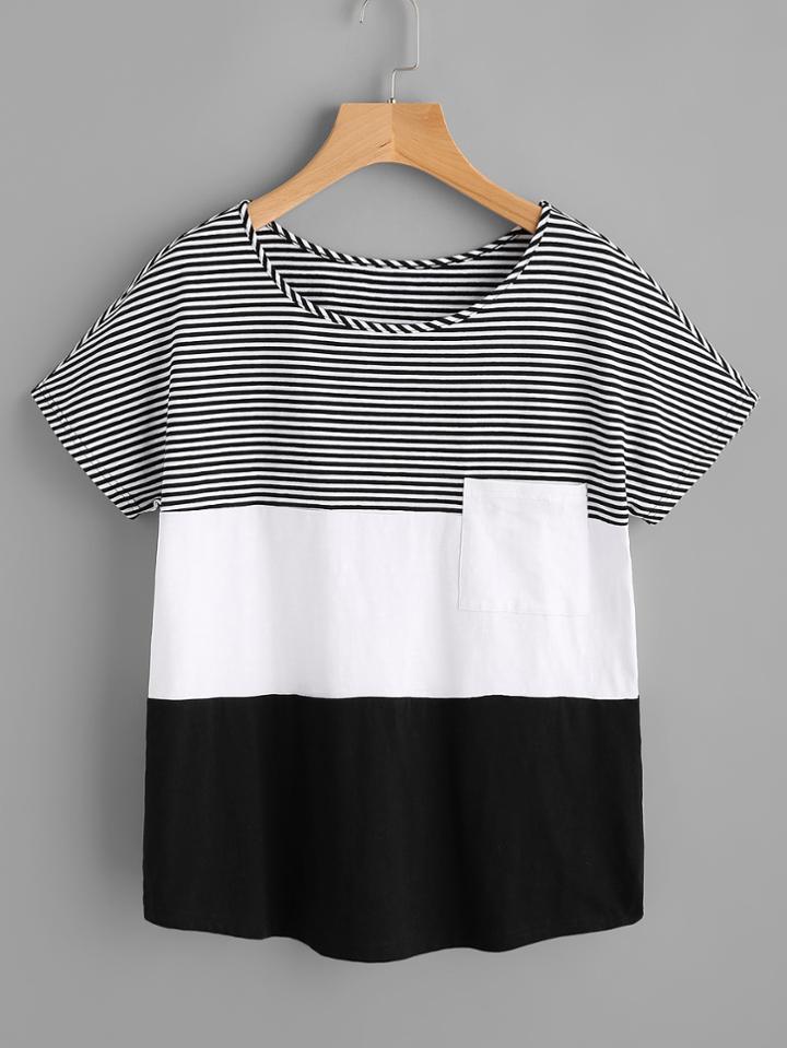 Romwe Patch Pocket Front Cut And Sew T-shirt