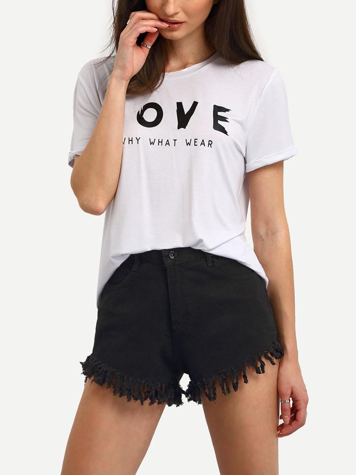 Romwe Black Fringe Denim Shorts