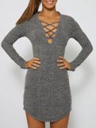 Romwe Grey Lace Up Neckline Tight Jersey Dress