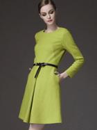 Romwe Green Round Neck Long Sleeve Drawstring Pockets Dress
