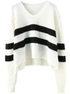 Romwe V Neck Striped White Sweater