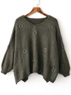 Romwe Army Green Ring Embellished V Neck Slit Drop Shoulder Sweater