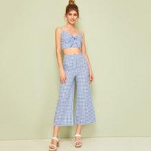 Romwe Gingham Tie Front Shirred Cami Top With Wide Leg Pants