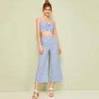 Romwe Gingham Tie Front Shirred Cami Top With Wide Leg Pants