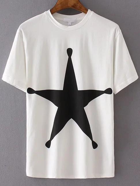 Romwe White Contrast Star Print T-shirt