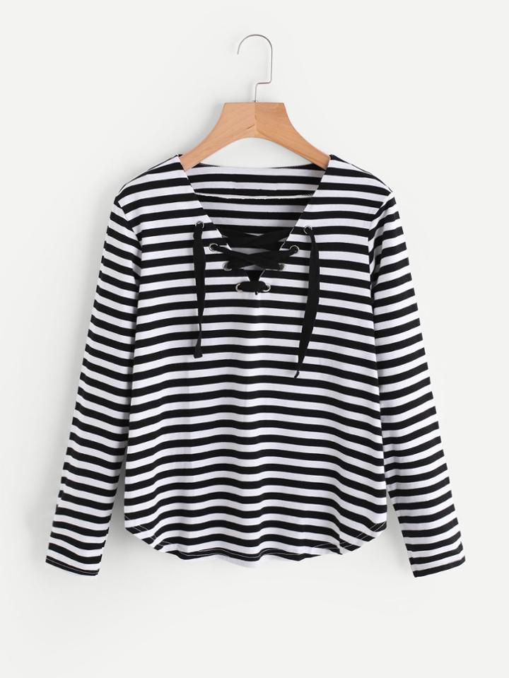 Romwe Lace Up Front Contrast Stripe Tee
