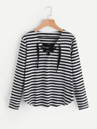 Romwe Lace Up Front Contrast Stripe Tee