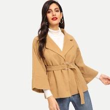 Romwe Woollen Blend Raglan Sleeve Belted Outerwear
