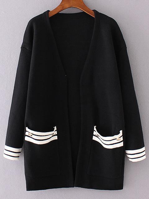 Romwe Black Striped Trim Front Pocket Cardigan