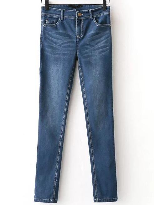 Romwe Blue Button Fly Skinny Jeans