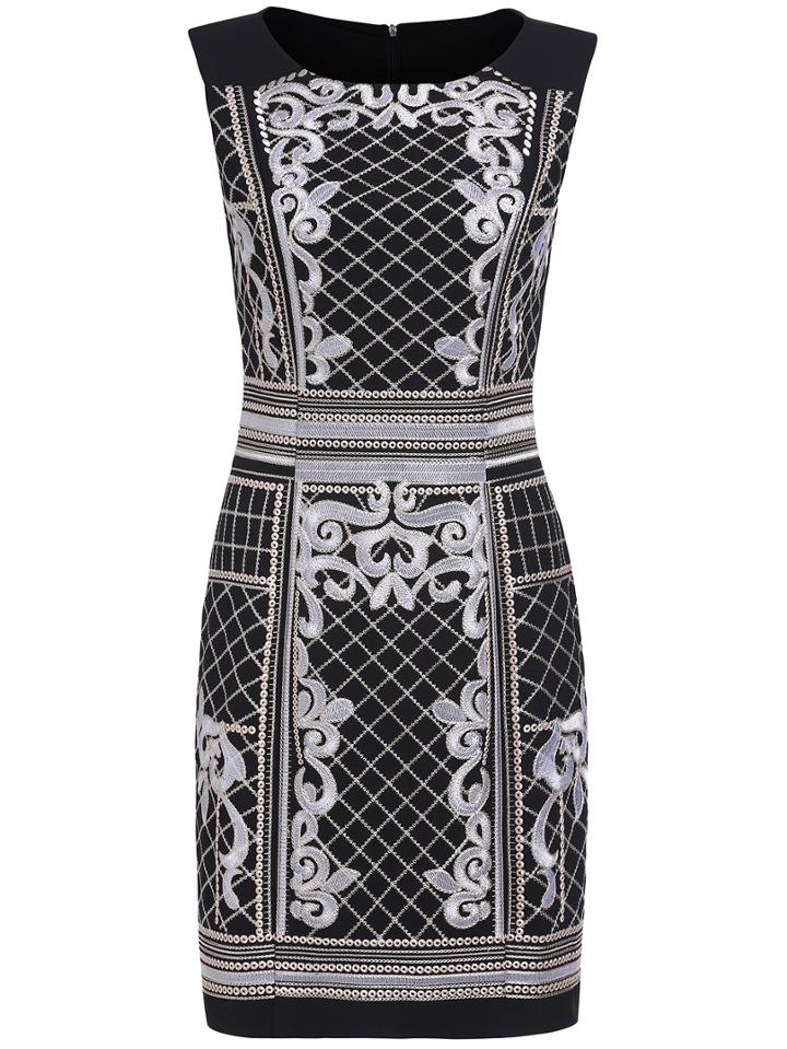 Romwe Black Round Neck Sleeveless Embroidered Bodycon Dress