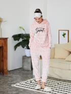 Romwe Letter & Star Print Plush Hoodie & Pants Pj Set