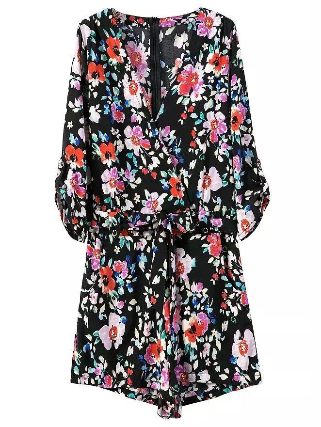 Romwe Multicolor Pockets Tie-waist Bow Flower Printed Romper