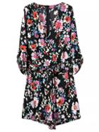 Romwe Multicolor Pockets Tie-waist Bow Flower Printed Romper