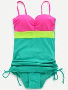 Romwe Green Color Block Ruched Drawstring Side Swimwear