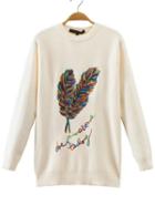 Romwe Beige Feather Embroidery Crew Neck Sweater