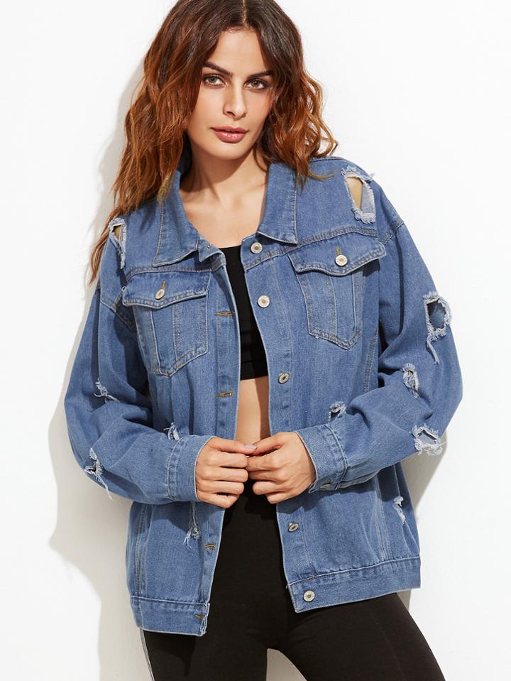 Romwe Blue Distressed Button Front Denim Jacket